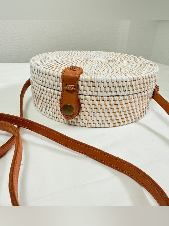 Handbags - White Round Woven Rattan Crossbody Bag Genuine Leather Strap